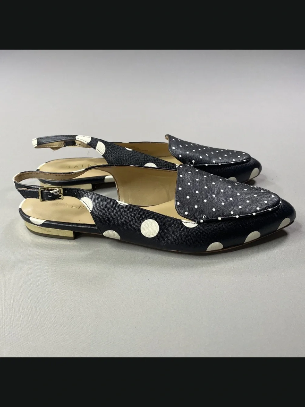 NEW Talbots Shoes Womens 6.5 black white poppy dot leather slingback loafer